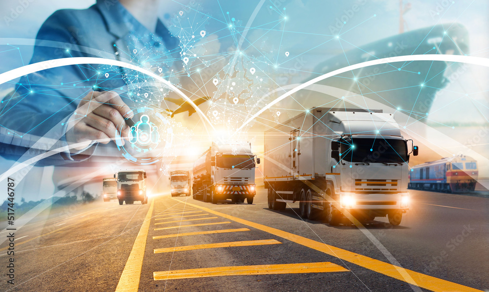 Poster Transport and logistic concept, Manager and engineer checking and control logistic network distribution and customer data for logistic Import export on global network background