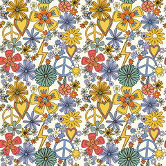 Retro 70s psychedelic seamless patterns, groovy hippie backgrounds. Cartoon funky print with flowers.