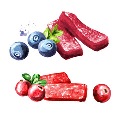 Homemade forest berries marmalade,  jam, jelly set. Hand drawn watercolor illustration, isolated on white background