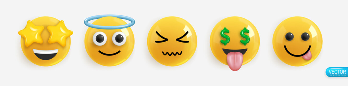 Emotion Realistic 3d Render. Set Icon Smile Emoji. Vector Yellow Glossy Emoticons.