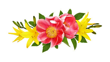 Red peonies and lily flowers in a floral arrangement isolated