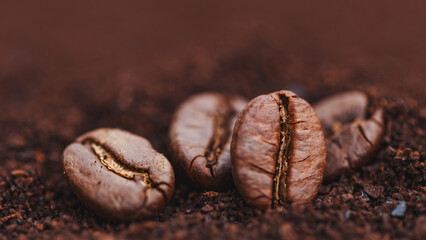 Coffee beans on ground coffee background