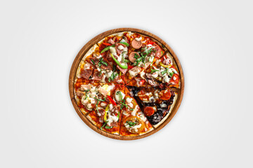 Slice of round Mix Pizza with white background. Different delicious pizzas