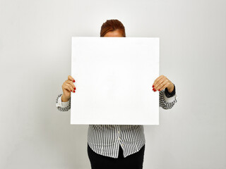 woman with blanc banner on white background