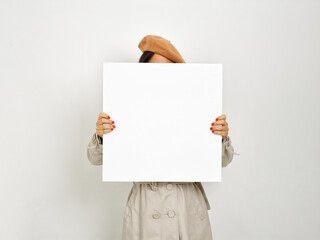 woman with blanc banner on white background