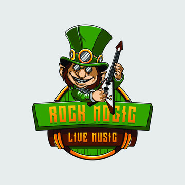 Live Music logo illustration with guitar wizard . Rock magic character logo.