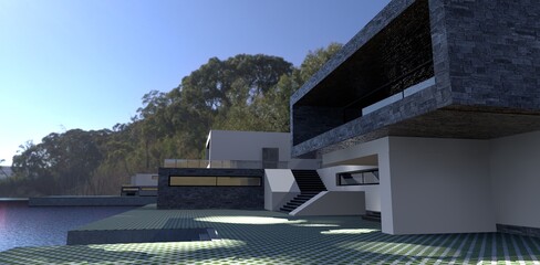 Morning at a luxurious high-tech villa. Sun glare plays on the paving stones in the yard. The stairs descend at the concrete pier. 3d render.