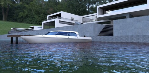 Advanced country villa in the forest near the lake. A white speedboat is moored to a concrete jetty. 3d render.