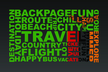 Zambia flag shape of travel keywords, travel concept, abroad vacation idea, simple flat design, Zambia flag mask on holiday words, tourism banner