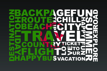 Algeria flag shape of travel keywords, travel concept, abroad vacation idea, simple flat design, Algeria flag mask on holiday words, tourism banner