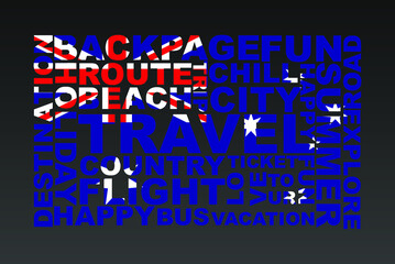 Australia flag shape of travel keywords, travel concept, abroad vacation idea, simple flat design, Australia flag mask on holiday words, tourism banner