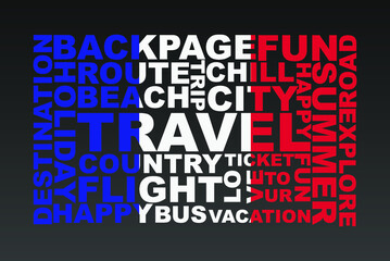 France flag shape of travel keywords, travel concept, abroad vacation idea, simple flat design, France flag mask on holiday words, tourism banner