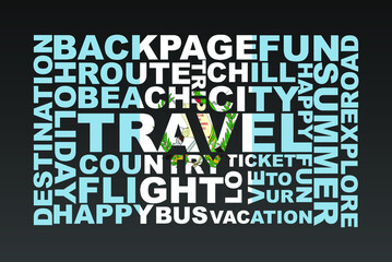 Fototapeta premium Guatemala flag shape of travel keywords, travel concept, abroad vacation idea, simple flat design, Guatemala flag mask on holiday words, tourism banner