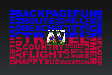 Haiti flag shape of travel keywords, travel concept, abroad vacation idea, simple flat design, Haiti flag mask on holiday words, tourism banner