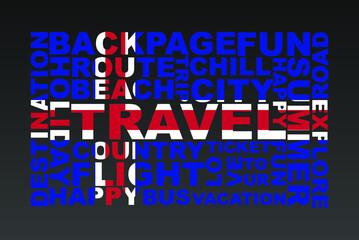 Iceland flag shape of travel keywords, travel concept, abroad vacation idea, simple flat design, Iceland flag mask on holiday words, tourism banner