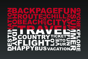 Indonesia flag shape of travel keywords, travel concept, abroad vacation idea, simple flat design, Indonesia flag mask on holiday words, tourism banner