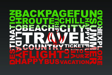 Iran flag shape of travel keywords, travel concept, abroad vacation idea, simple flat design, Iran flag mask on holiday words, tourism banner