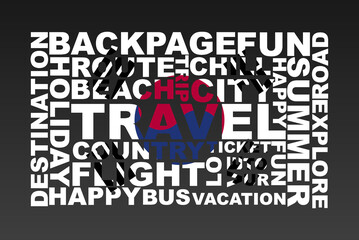 Obraz premium South Korea flag shape of travel keywords, travel concept, abroad vacation idea, simple flat design, South Korea flag mask on holiday words, tourism banner