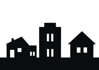 Town, group of three houses, vector icon, black silhouette