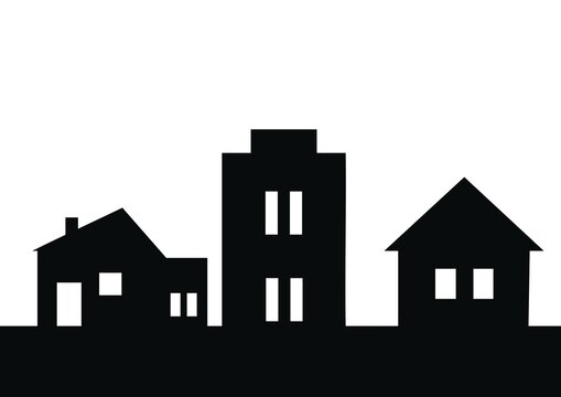 Town, group of three houses, vector icon, black silhouette © janista