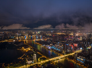 Hubei Wuhan Summer Urban Night Skyline Aerial photography scenery