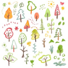 Hand drawn watercolor nature tree clipart set