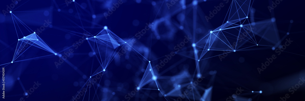 Poster Abstract geometric background with connecting points and lines. Abstract blue digital background. Network concept. Big data complex with compounds. 3D rendering.