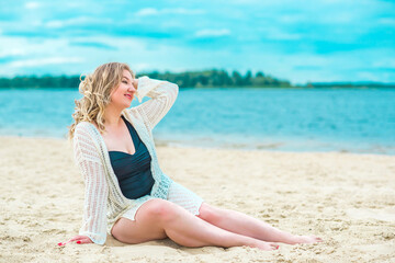 Fototapeta na wymiar Plus size American woman at beach, enjoy the life. Life of people xxl size, happy nice natural beauty woman