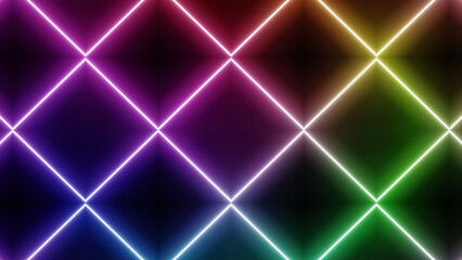 Obraz premium Geometric shapes with flash rainbow glow lights on a black background - Minimalistic wallpaper image with colorful flash light, smoke and mist