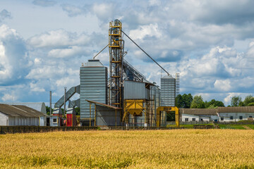 Fototapeta na wymiar agro silos granary elevator on agro-processing manufacturing plant for processing drying cleaning and storage of agricultural products in rye or wheat field