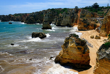 Atlantic Ocean coast, Lagos, Algarve, Portugal, Europe, closed Dona Ana beach just before...