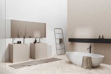 Light bathroom interior with bathtub and washbasins. Mockup empty wall