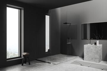 Grey bathroom interior with douche and sink, panoramic window