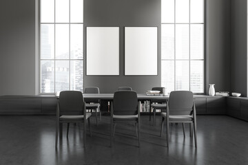 Grey living room interior with seats and table, panoramic window. Mockup frames