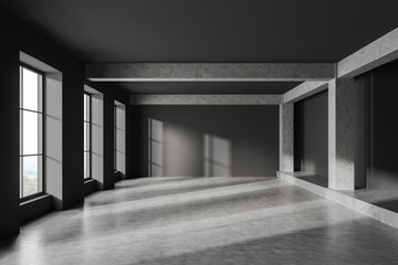 Grey empty hall in modern apartment, panoramic window on countryside