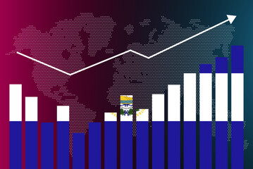 El Salvador bar chart graph with ups and downs, increasing values, El Salvador country flag on bar graph, upward rising arrow on data, news banner idea, developing country concept