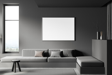 Grey relax room interior with couch and panoramic window. Mockup frame