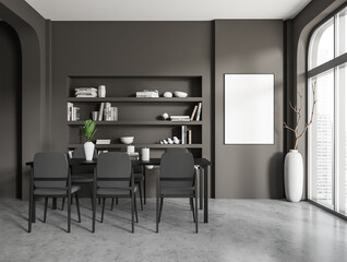 Grey eating room interior with seats and table, window and mockup frame