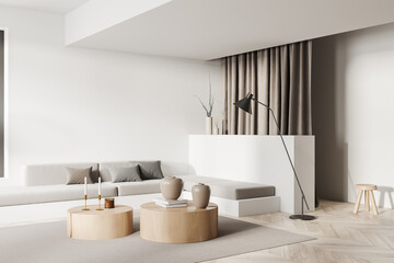 Light lounge interior with couch, coffee table with decoration and mockup