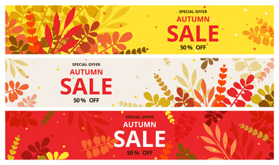 Obraz na płótnie Canvas Autumn sale. Banners for 50% Promotion Autumn Discount. Leaf fall background. Vector Illustration for store booklet, flyer or web banner 