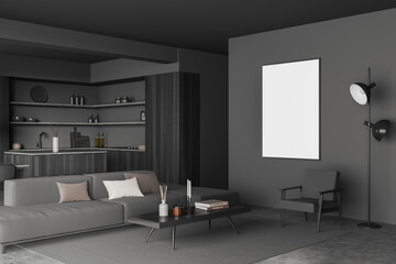 Grey kitchen interior with sofa and cooking area, kitchenware. Mock up frame