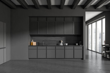 Grey kitchen set interior with shelves and appliances, panoramic window