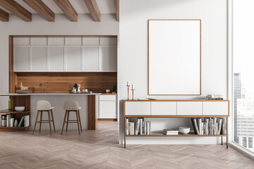 Light kitchen interior with art drawer and bar chairs near window. Mockup frame