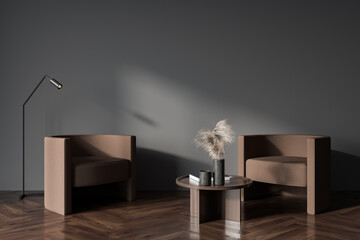 Front view on dark living room interior with coffee table