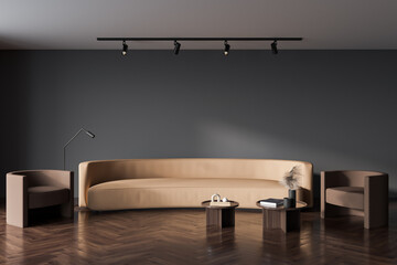 Grey meeting room interior with couch and seats, decoration. Mockup