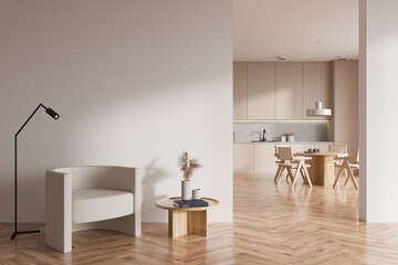 Light kitchen interior with armchair and dining table. Mock up