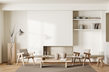 Light chill interior with two seats, shelf and decoration, mockup