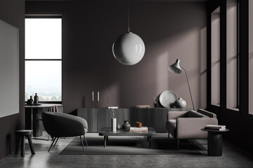 Side view on dark living room interior with coffee table
