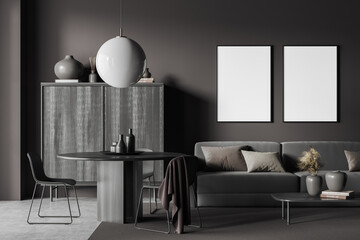 Grey living room interior with couch and eating table, mockup frames