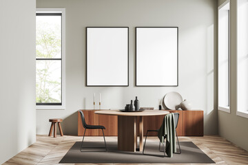 Light guest room interior with seats and table, drawer and window. Mockup frame